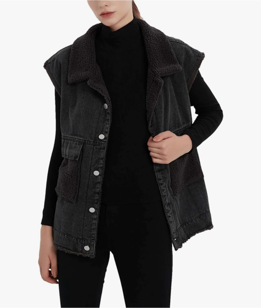 Womens Loose Sherpa Fleece Lined Denim Vest Casual Sleeveless Button Down Jean Vest Jacket, L