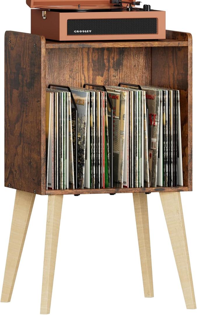 Gannyfer Record Player Stand  Minimalist Vinyl Record Storage Holds Up to 160 Albums, Mid-Century Record Holder Display Shelf with Wood Legs, Turntable Cabinet for Living Room, Bedroom (Brown)