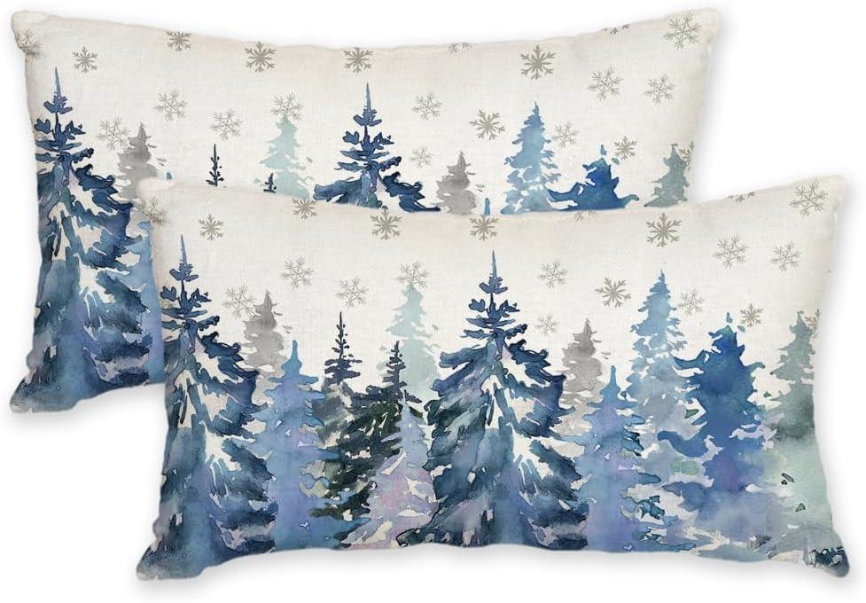 AACORS Christmas Winter Pillow Cover 12x20 Inch Set of 2,Watercolor Teal Tree Snowflake Decoration Holiday Farmhouse Pillow Case Nature Forest Decor for Home Sofa Couch (Blue) AK001-12