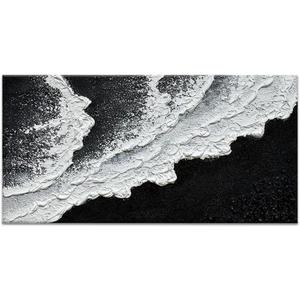 Black and White Beach Wave Textured Wall Art 3D Oil Painting Hand Painted Abstract Canvas Framed 40x20 Inch Acrylic Painting (C0701)