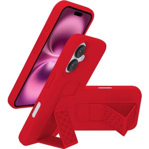 LAUDTEC Silicone Kickstand Case Compatible with iPhone 16, Vertical and Horizontal Stand Hand Strap Metal Kickstand Cover, Flexible Soft Liquid Silicone Stand Case for iPhone 16 (Red)