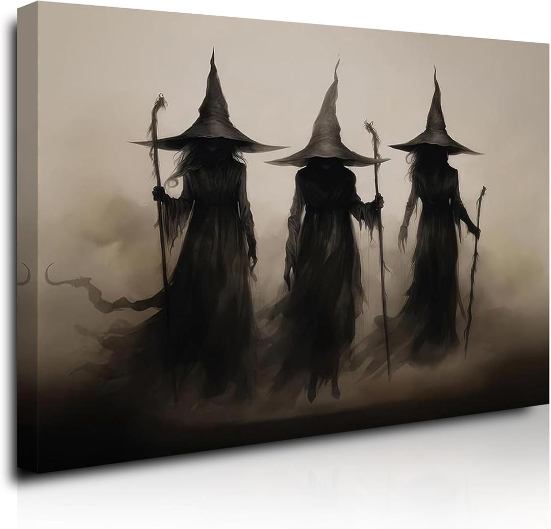 Framed Witch Wall Art Vintage Gothic Canvas Wall Art for Living Room Spooky Bathroom Decor Horror Witchy Painting Prints Mystical Dark Academia Wall Decor for Bedroom 12x16 Inch