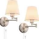 VONLUCE Wall Sconce Set of 2, Plug in & Hardwired Swing Arm Wall Lamps, Adjustable Wall Mounted Lighting Fixtures, Modern Wall Lights with Nickel Base White Fabric Shade for Bedside, Hallway, Study