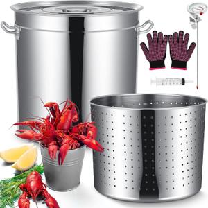 Geetery Stainless Steel Seafood Boil Pot with Basket, Stock Pot with Strainer Turkey Fryer Crab Crawfish Lobster Boil Pot with Injector Thermometer and High Temperature Resistant Gloves Kit (53 Qt)