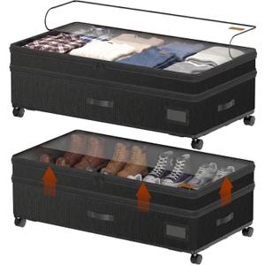 Under Bed Storage with Wheels, Adjustable Height Underbed Storage Containers, 2 Pack 65L Bins, Heavy-Duty 600D Fabric & Steel Frame for Clothes, Shoes, Bedding
