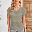 Cakulo Summer Crochet Tops for Women 2025 Short Sleeve V Neck Hollow Out Knit Beach Cover Up Casual Sweater Top (X-Large, Light Green)