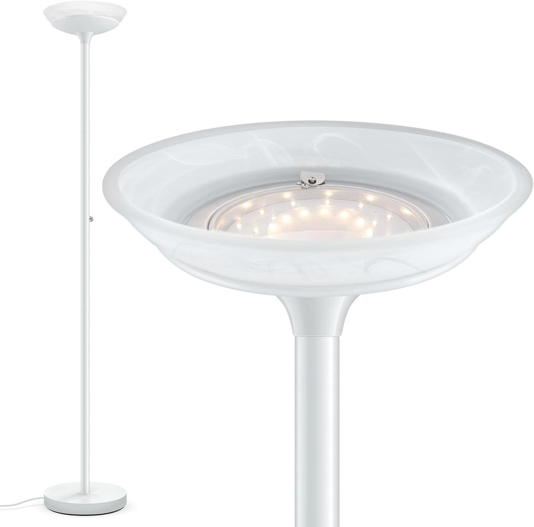 BoostArea Torchiere Floor Lamp, 24W Super Bright LED Standing Lamp, Stepless Dimmable Pole Lamp with 3000K Lighting, Glass Lampshade, 71Inch Tall Metal Modern Floor lamps for Living Room/Bedroom White