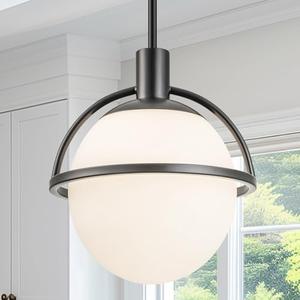 Glass Pendant Lights Kitchen Island Hanging Lamps 9.65" Mid Century Chandelier Black Modern Globe Chandelier Lights for Living Room Dining Room with Milk White Glass Globe,Adjustable Length