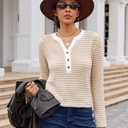 Khaki Shirt Women Striped Waffle Knit Tops V Neck Long Sleeve Blouses Dressy Casual Tunic Sweaters Trending Womens Clothes Cruise Outfits
