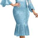 Midi Lace Dress for Women Sexy Bodycon Fishtail Dress Elegance Cocktail Party Banquet Church Outfits (Blue, M)