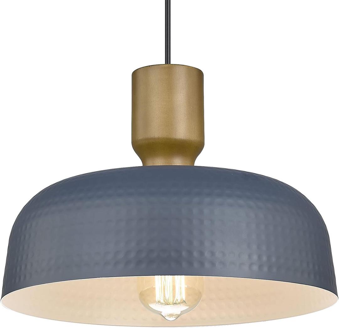 Farmhouse Pendant Lights, Adjustable Hanging Light Fixtures with Hammered Metal Shade, 12.4 inch Pendant Lighting for Kitchen Island, Blue