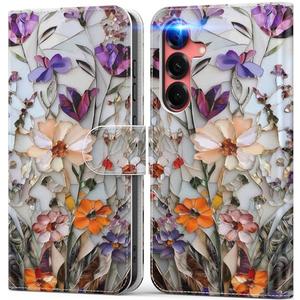 DEENAKIN for Samsung Galaxy S25 Wallet Case with Card Holder + Cash Clip, RFID-Blocking, Military-Grade Protection & UV-Printed Artwork, Magnetic Closure with Leather Kickstand - Marbled Floral Veins