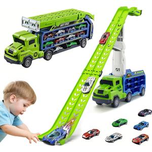 Dinosaur Track Cars Toys for Boys, Transforms into Dino Truck with 8 Die-Cas Cars, Transporter Truck Toys, Race Track for Toddlers 3-5, Kids Birthday Gifts 3 4 5 6 Years Old (Blue)