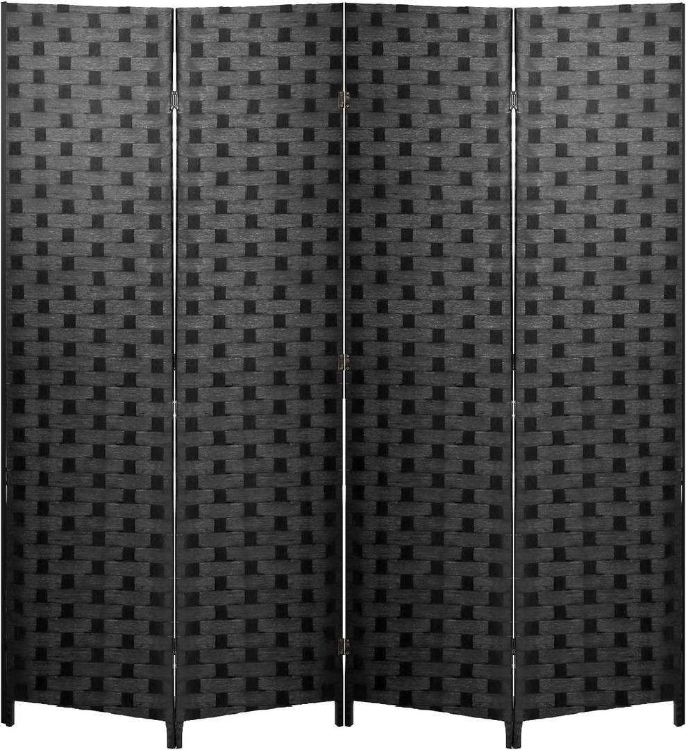 Room Divider 6FT Wall Divider Wood Screen 4 Panels Wood Mesh Hand-Woven Design Room Screen Divider Indoor Folding Portable Partition Screen,Black