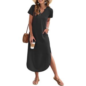 MISFAY Women's Summer Casual Maxi Dress 2025 Short Sleeves V Neck Loose Sundress Split Long Beach Shirt Dress Vacation Outfit, Medium Size