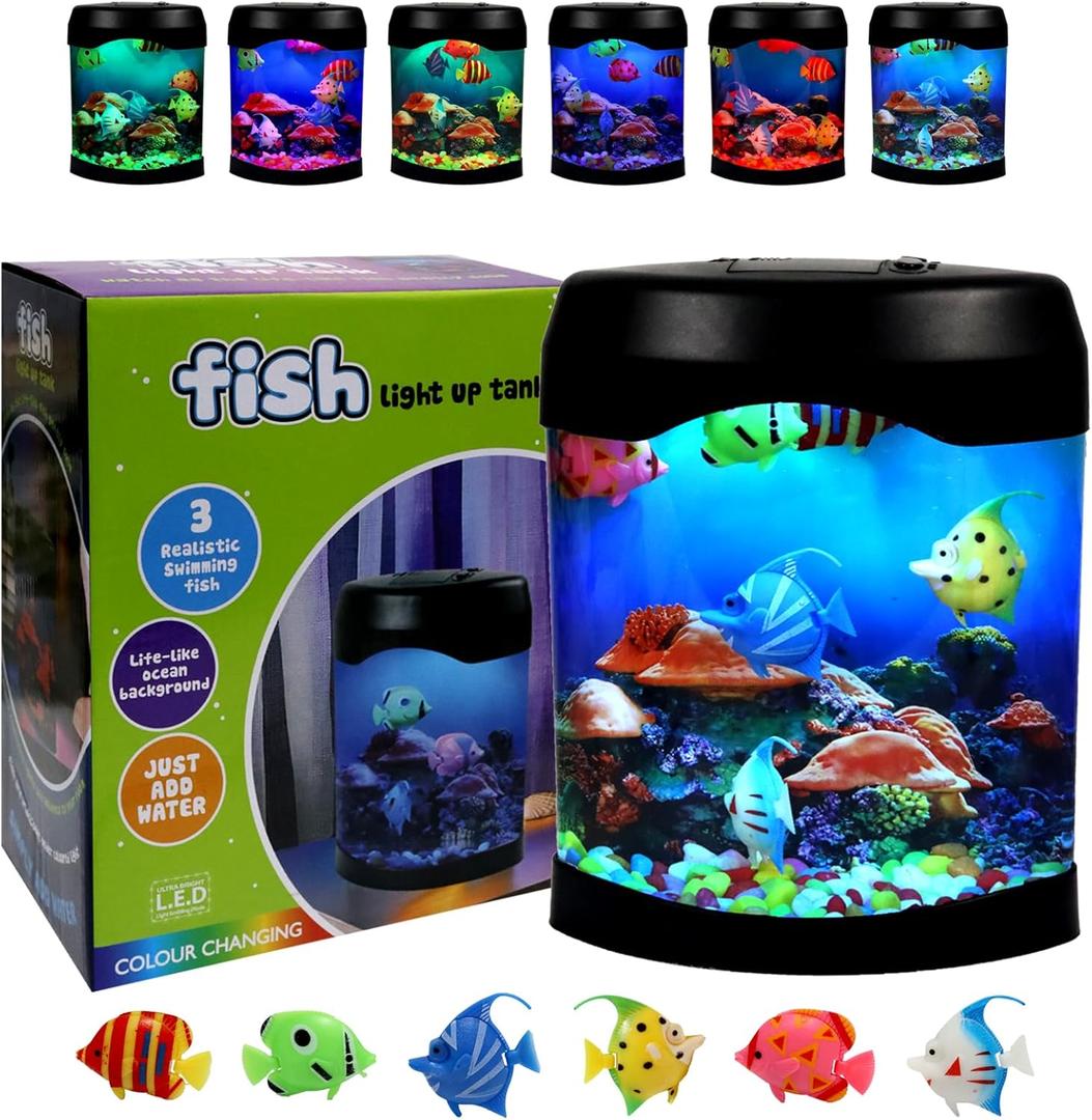 Toycol Glowing Fish Lamp Aquarium with 6 Color-Changing LED, 6 Moving Fake Fish & Realistic Ocean Scene - USB Powered Night Light for Bedroom, Office Decor, Relaxation Ideal Gift with Auto Shut-Off