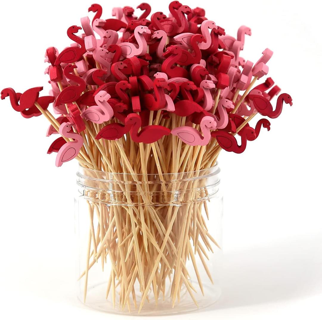 Cocktail Picks 200 Counts Handmade Sticks Wooden Natural Bamboo Toothpicks Cocktail Sticks Party Supplies (Flamingo)
