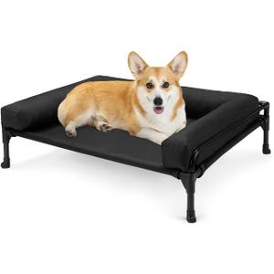 Veehoo Elevated Raised Dog Bed-Cooling Outdoor Dog Cot Bed for Medium Sized Dogs Three-Sided Fence Raised Pet Cot with Mesh & No-Slip Feet Dog Hammock Bed with Removable Bolster-29 x 18" Black