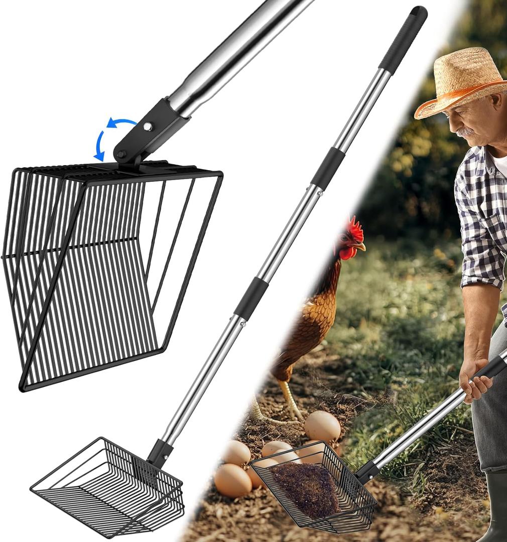 Chicken Poop Scooper with Adjustable Angle, Lightweight Chicken Coop Sifter Shovel, Stainless Chicken Coop Scoop for Sand, 41 Inch Long, Litter Scoop for Easy Cleaning