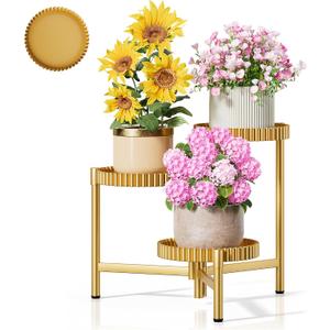 Stand Plants, 3 Tier Metal Corner Plant Stands for Outdoor Indoor, Heavy Duty Flower Pot Stands for Multiple Plants, Decoration Floding Tall Display Racks for Patio Garden -GoldFloroma