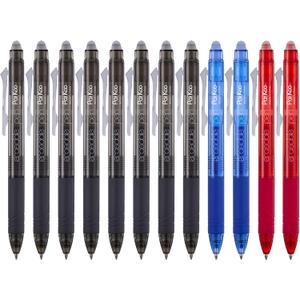 ParKoo Retractable Erasable Gel Pens Clicker Fine Point 0.7 mm, No Need for White Out, 8 Black/2 Blue/2 Red Ink for Completing Sudoku and Crossword Puzzles, 12-Pack (3 Colors)