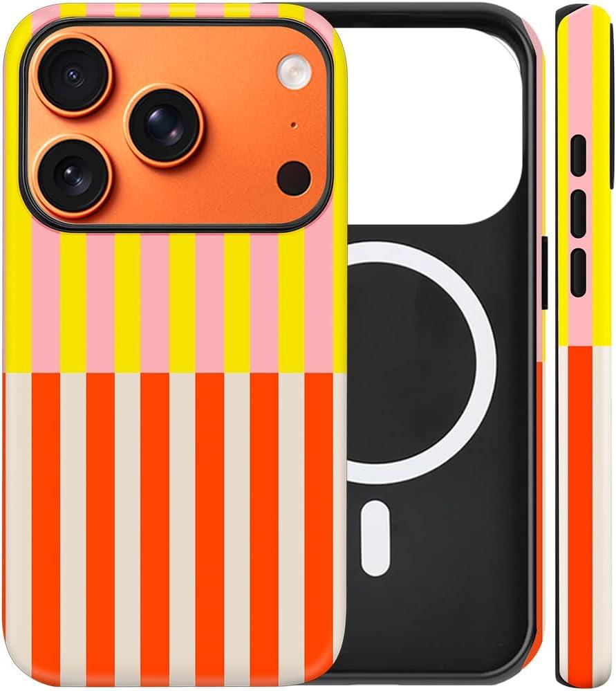 Magnetic for iPhone 17 Pro Case Cute Horizontal Segmentation Stripes Phone Case, Shockproof Slim TPU and Hard PC Protective Phone Cover Compatible with MagSafe Designed for Women Orange&Yellow