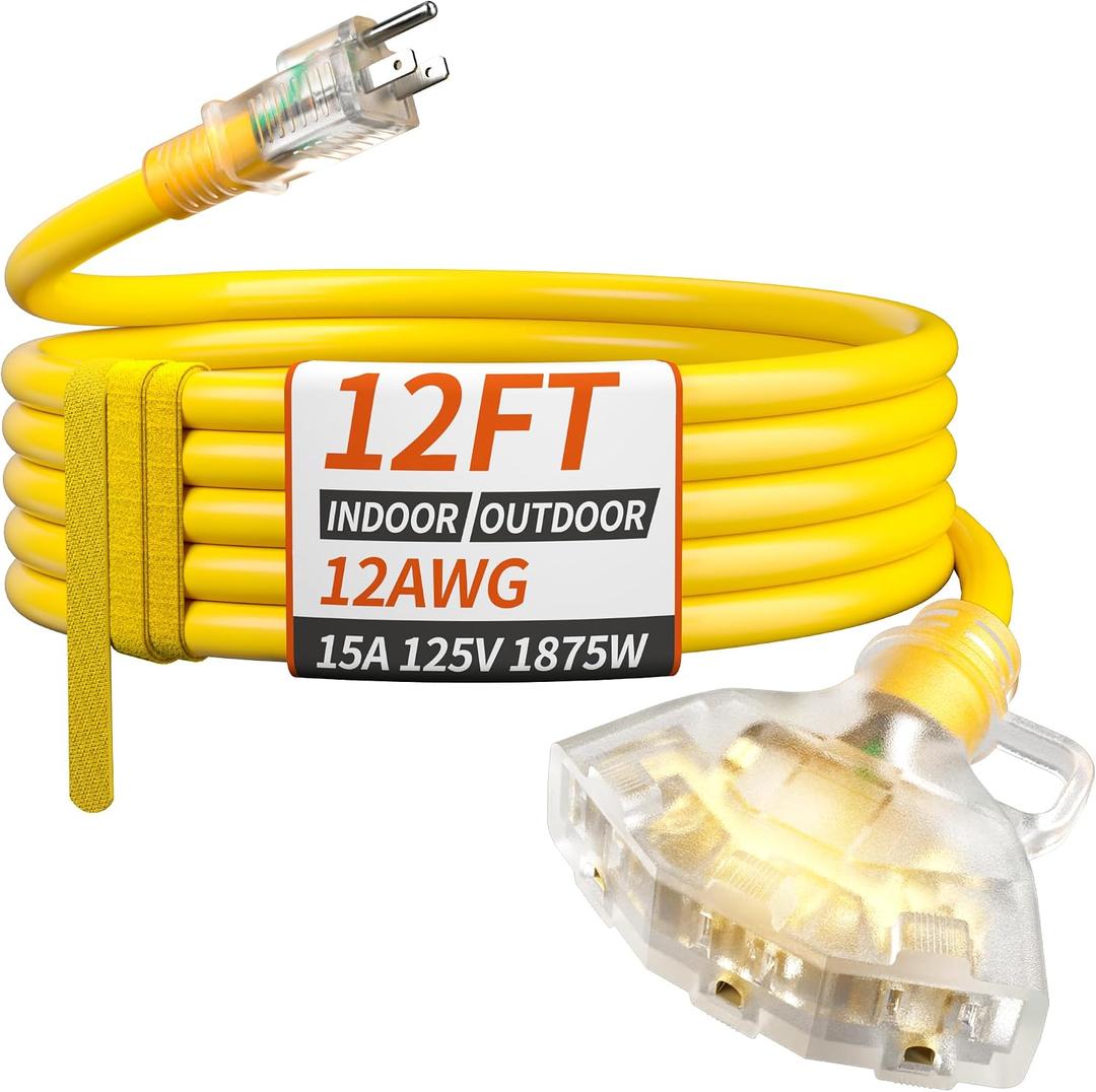 PlugSaf 12 FT 12/3 Gauge Outdoor Extension Cord with Multiple Outlets Light Indicator, Flexible 3 Outlet Weatherproof Heavy Duty Extension Cord Waterproof Yellow, 15A 1875W 12AWG SJTW, ETL Listed