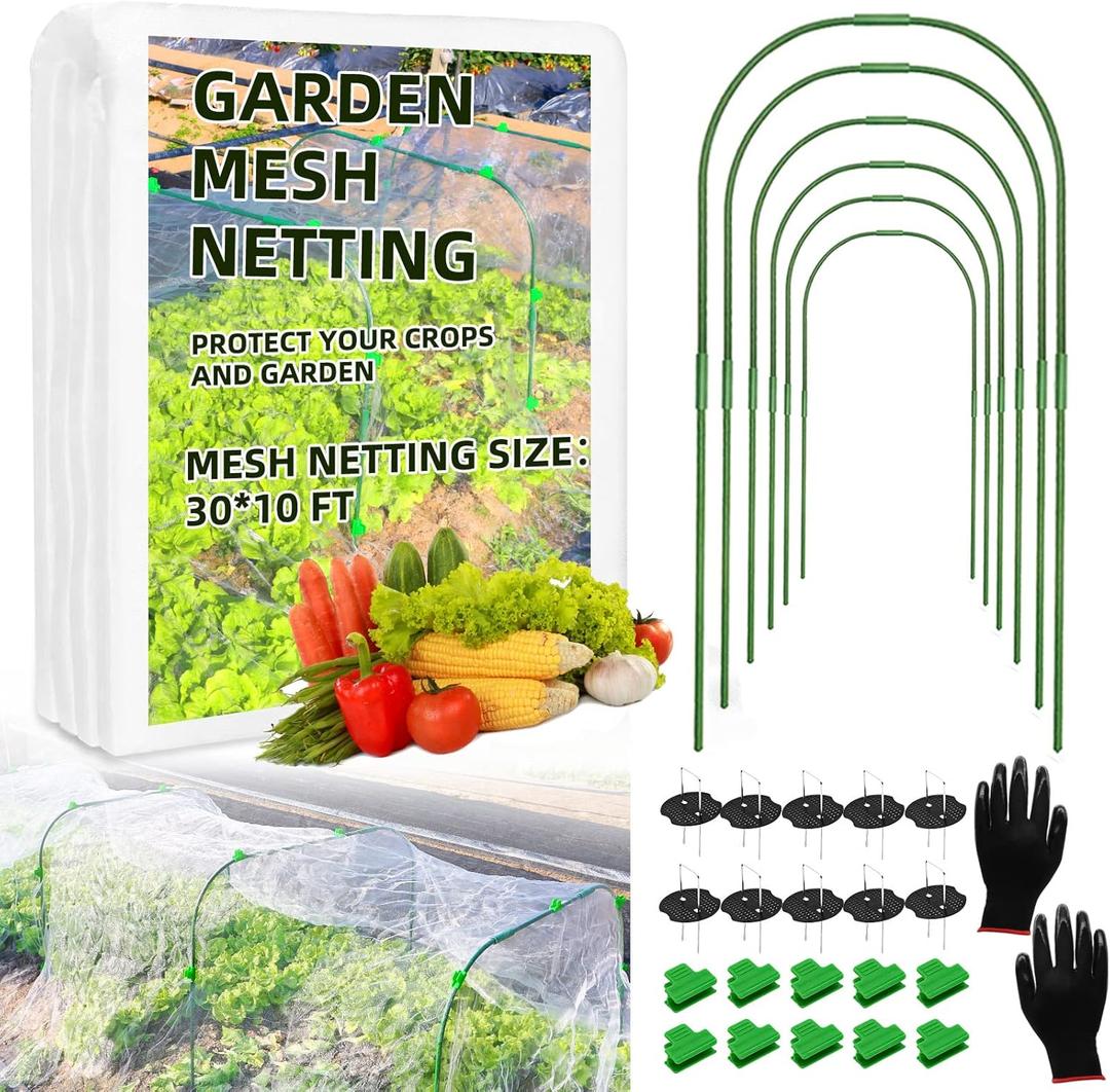 Garden Netting Kit, 10x30 Ft Pest Barrier Bird Ultra Fine Mesh Netting with 6Sets Garden Hoops & 36 Clips for Raised Beds, Garden Plants Net Protection for Vegetable Fruit Flowers Greenhouse Row Cover