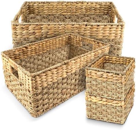 Wicker Basket Set of 3, Seagrass & Hyacinth Storage Baskets with Handles | MULTI-ROOM STORAGE — 3 nesting wicker baskets organize blankets, pantry goods, linens, toys and everyday essentials.