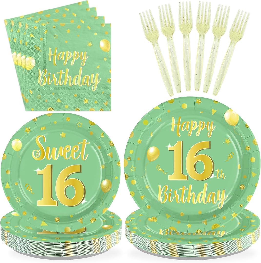 96 Pcs Happy 16th Birthday Party Decoration Sage Green and Gold Plates and Napkins Sage Green 16th Birthday Tableware Set for Boy Girl 16 Years Party Supplies, Serves 24