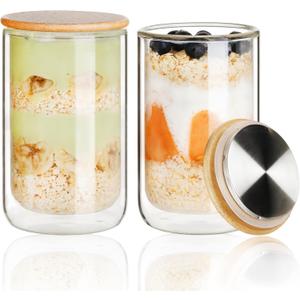 LIBWYS 2 Pack Overnight Oats Containers with Bamboo & Stainless Steel Lids, 15oz Meal Prep Jars - Double Walled High Borosilicate Glass jars for Overnight Oats, Chia Pudding & Salad