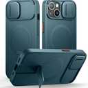 SURITCH for iPhone 15 Case with Magnetic Camera Slide Cover and Adjustable Kickstand, Compatible with MagSafe, Shockproof Bumper Case Slim Protective Cover 6.1 Inch, Lake Green