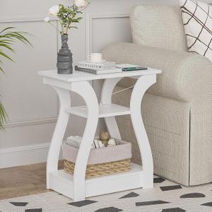 FROMJBEST End Tables Living Room, White End Table with Charging Station,White Side Table, Nightstand for Bedroom, 3 Tier End Table with Storage Shelf for Living Room