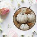 Giosve Vintage Rustic Fall White Pumpkin Round Wall Art Canvas Framed Poster, Farmhouse Autumn Pumpkin Maple Leaf Hanging Wall Sculptures for Kitchen Home Bedroom Living Room Decor, 10x10 Inch