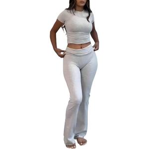 ZFLM Casual Workout Two Piece Outfits for Women Short Sleeve Crop High Waist Foldover Flare Pants Tracksuit Sets Streetwear (X-Large, Heather Grey)
