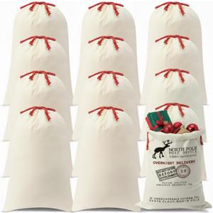 Abbylike 12Pcs Santa Sublimation Blank Christmas Sack with Drawstring Large Christmas Natural Cotton Heavy Duty Sack Laundry Bag for Xmas Gift Sublimation Drawstring Bag 18.9 x 26.8 Inch (White, Red)