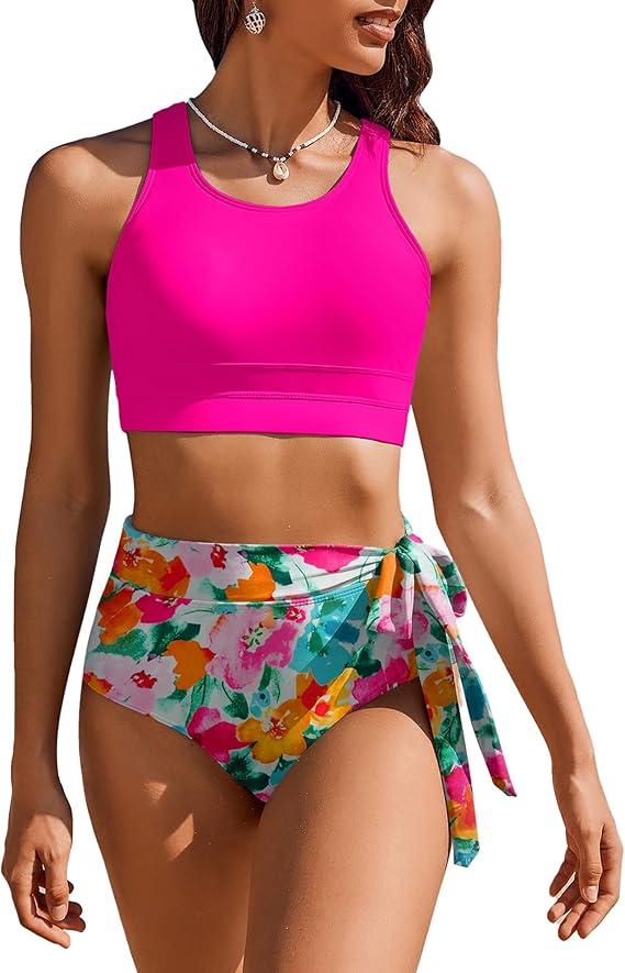 AI'MAGE Womens High Waisted Bikini Set Tummy Control 2 Piece Bathing Suit Modest Racerback Swimsuit 2025 with Tie Side Knot (Small, Hot Pink Flower)