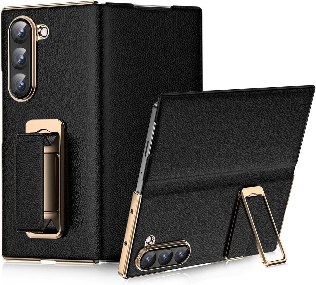 HelloDeere for Samsung Galaxy Z Fold 7 Case with Kickstand, 【Military Grade Drop Protection】【Hinge Protection with Camera Cover】, Full Body Cover Shockproof Phone Case for Z Fold 7 Leather Case, Black