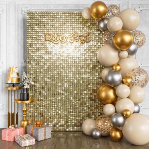 Light Gold Shimmer Wall Backdrop 24PCS, Black Back Not See-Through Design, Square Sequin Glitter Backdrop Panel, Perfect for Outdoor Events, Birthdays, Wedding and Party Decoration (Light Gold)