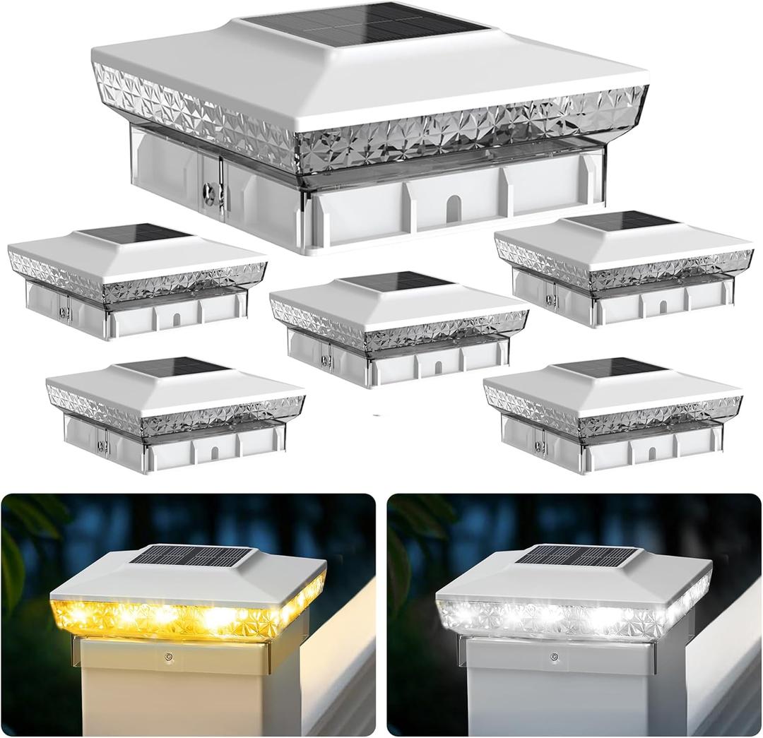 Solar Post Cap Lights, 6 Pack Upgraded Outdoor Deck Fence Post Solar Lights for 4x4 5x5 Wood/Vinyl Posts, IP65 Waterproof, 10-12 Hours Warm/Cool White Glow for Garden/Patio/Porch - White
