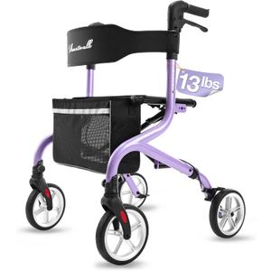 PLANET WALK Super Lightweight Rollator Walker for Seniors, Foldable Rolling Walker with Seat and 8" Rubber Wheels for All Terrain, Unique Design Aluminum Frame Sturdy Walkers for Traveling - Purple