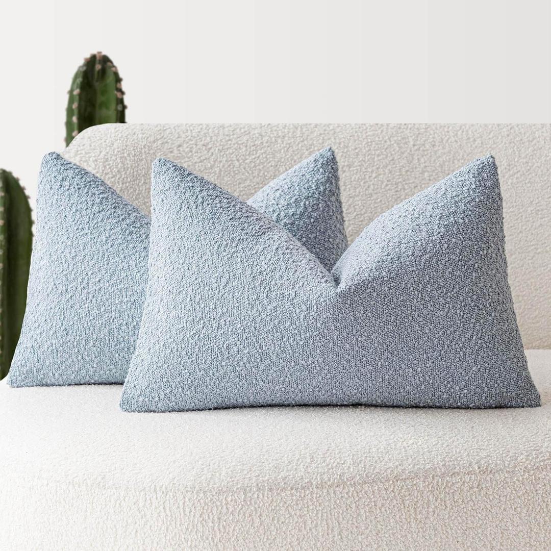 Foindtower Pack of 2 Modern Textured Boucle Lumber Throw Pillow Covers Accent Solid Decorative Pillow Cases Cozy Couch Cushion Case for Sofa Bed Living Room Home Decor, 12 x 20 Inch, Light Blue (Sky)