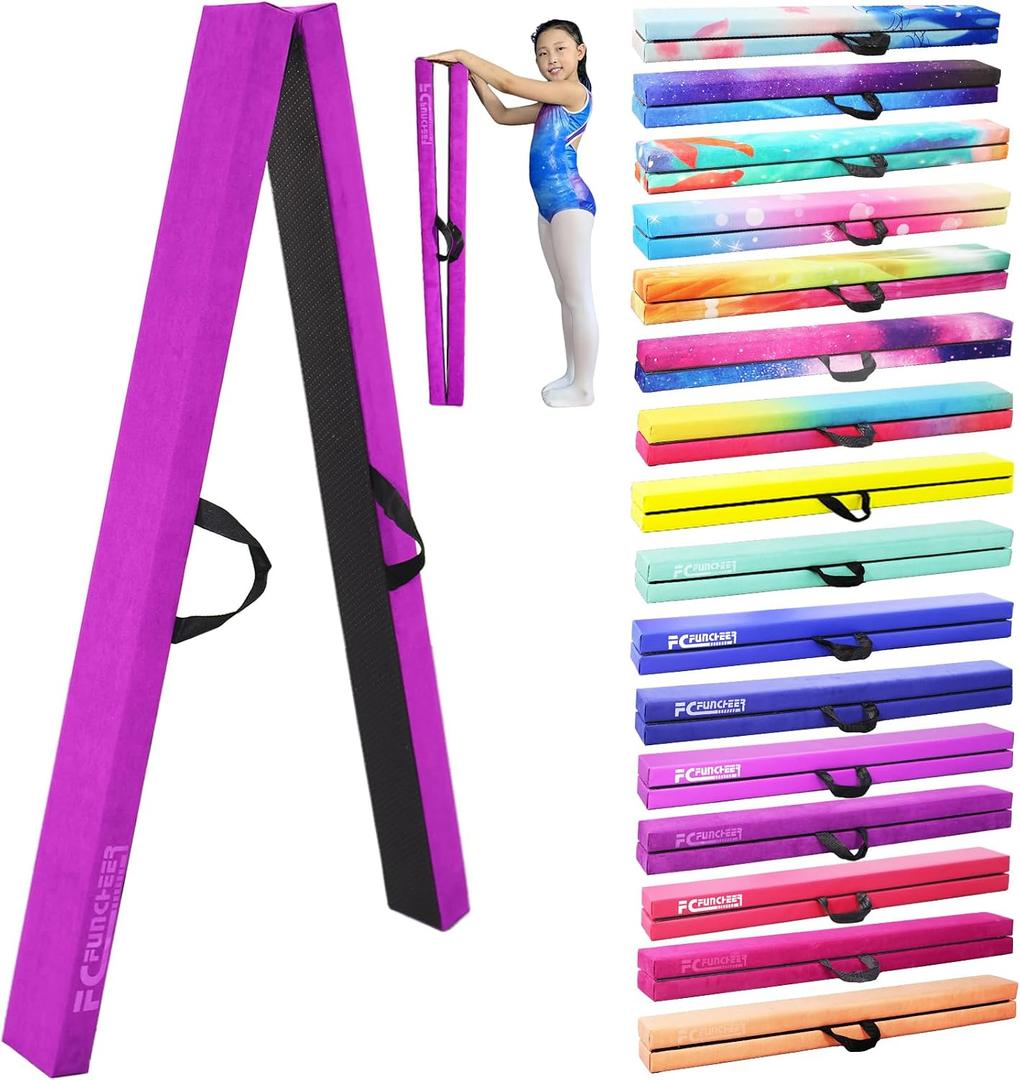 FC FUNCHEER 8FT Folding Balance Beam -Gymnastics Floor Beam -Gymnastics Equipment for Kids,Wood core- Anti-Slip Bottom and Carrying Bag for Home
