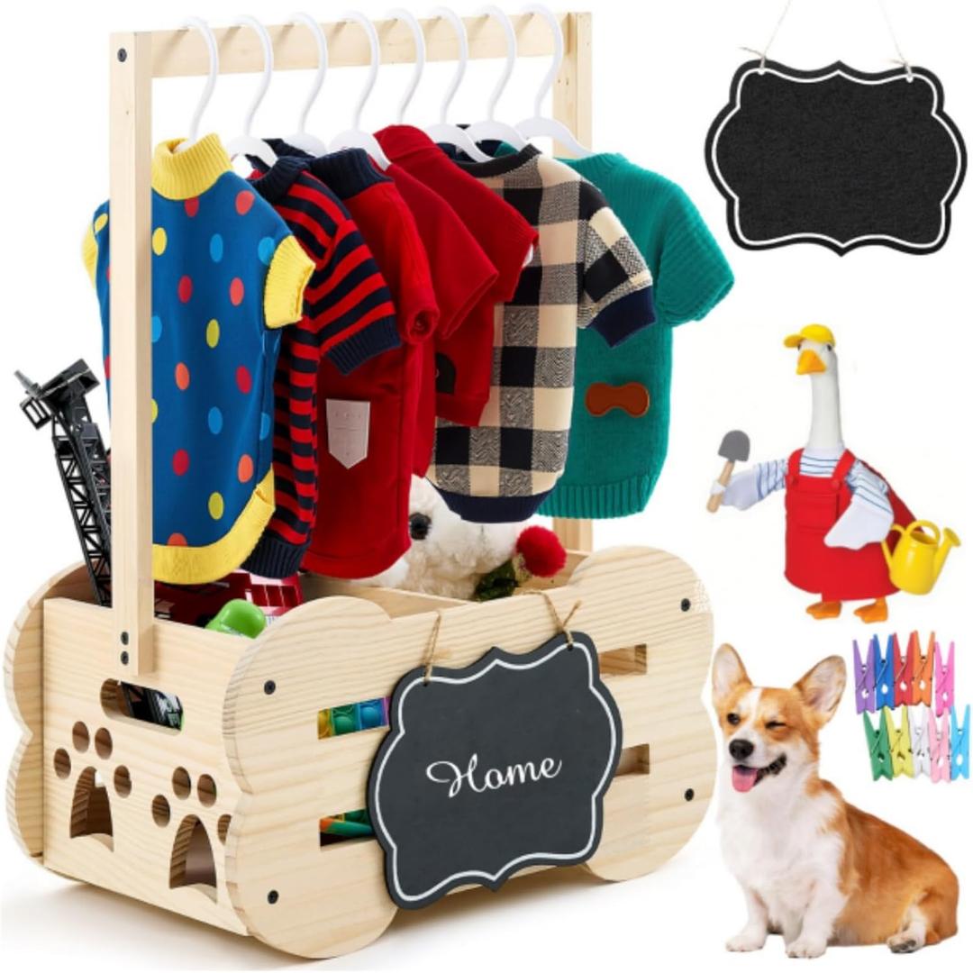 Wooden Dog Wardrobe Closet 20"x15"x9" Pet Goose Outfit Toy Storage Basket Crate with Hanging Rod Bone Shape Organizer Closet for Dog Toy Clothes Accessories with 8 Hanger 10 Clip 1 Small Blackboard