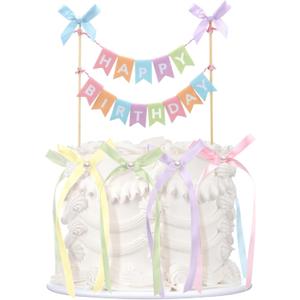 Honeydak 11 Pcs Pastel Bow Ribbon Cake Topper Happy Birthday Cake Bunting Topper with Wood Pole Handmade Pennant Flags with Bows Ribbon for Birthday, Bridal Party Decoration