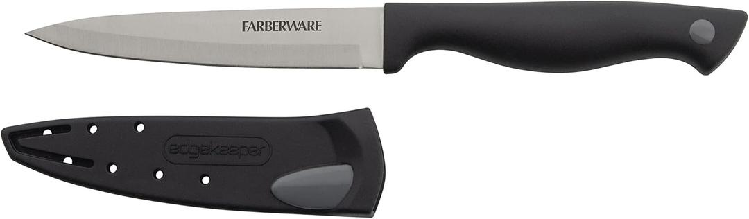 Farberware Edgekeeper 4.5-Inch Fine Edge Utility Knife with Self-Sharpening Blade Cover, High Carbon-Stainless Steel Kitchen Knife with Ergonomic Handle, Razor-Sharp Knife, Black