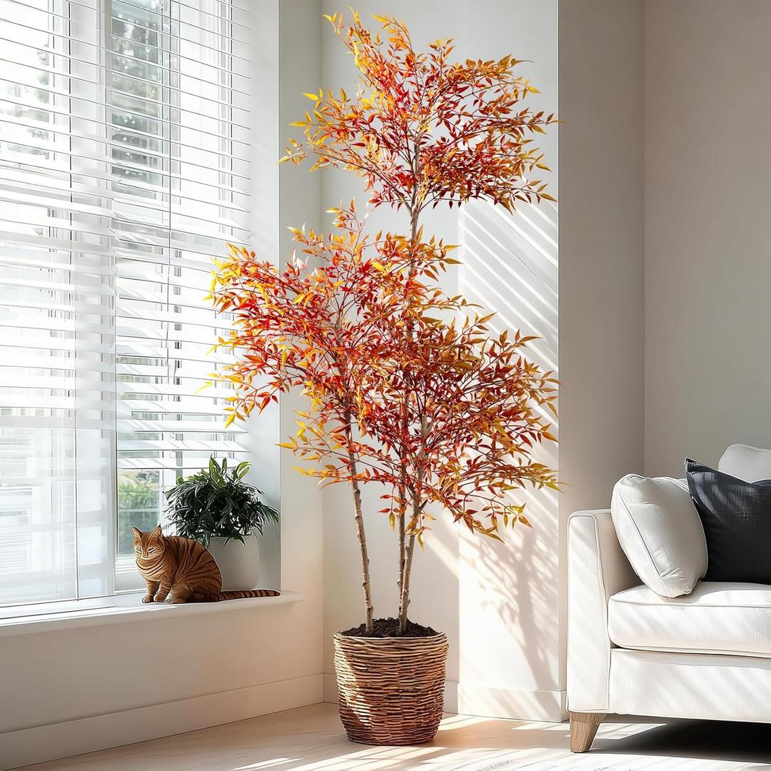 Faux Bamboo Plant Artificial Nandina Tree 5.5FT Artificial Plants Realistic 90% Better Coverage Faux Plant Bamboo Plants Faux Floor Plant in Pot for Home & Office Decor (Red, 5.5ft)