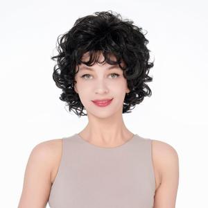 Lydell Women's Short Soft Super Curly Wig Layered Natural Movement Synthetic Wigs, Natural Black, 