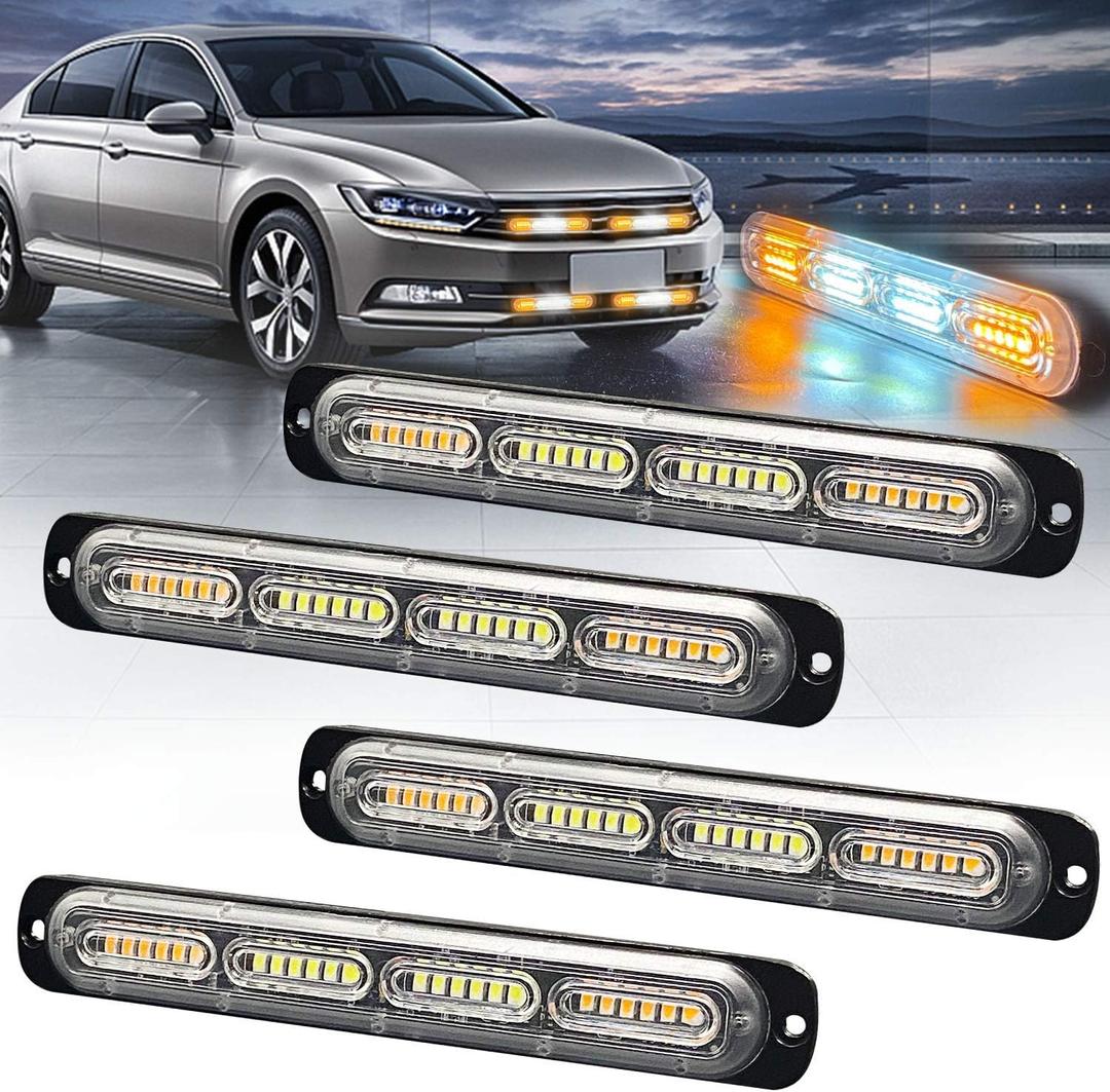 4pcs 24-LED Emergency Strobe Light, Amber White Ultra-Thin Surface Mount Flashing Warning Beacon Hazard Construction Caution Light for Cars Off Road Firefighter Vehicles Trucks