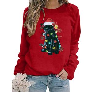 MYHALF Christmas Cat Sweatshirt for Women Crewneck Christmas Long Sleeve Shirt Holiday Ugly Sweaters Top (Red, S)